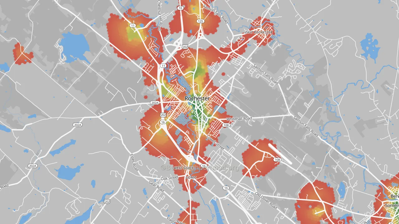 Walk Grade map of 03867, NH, walkable areas in green and car-dependent areas in red
