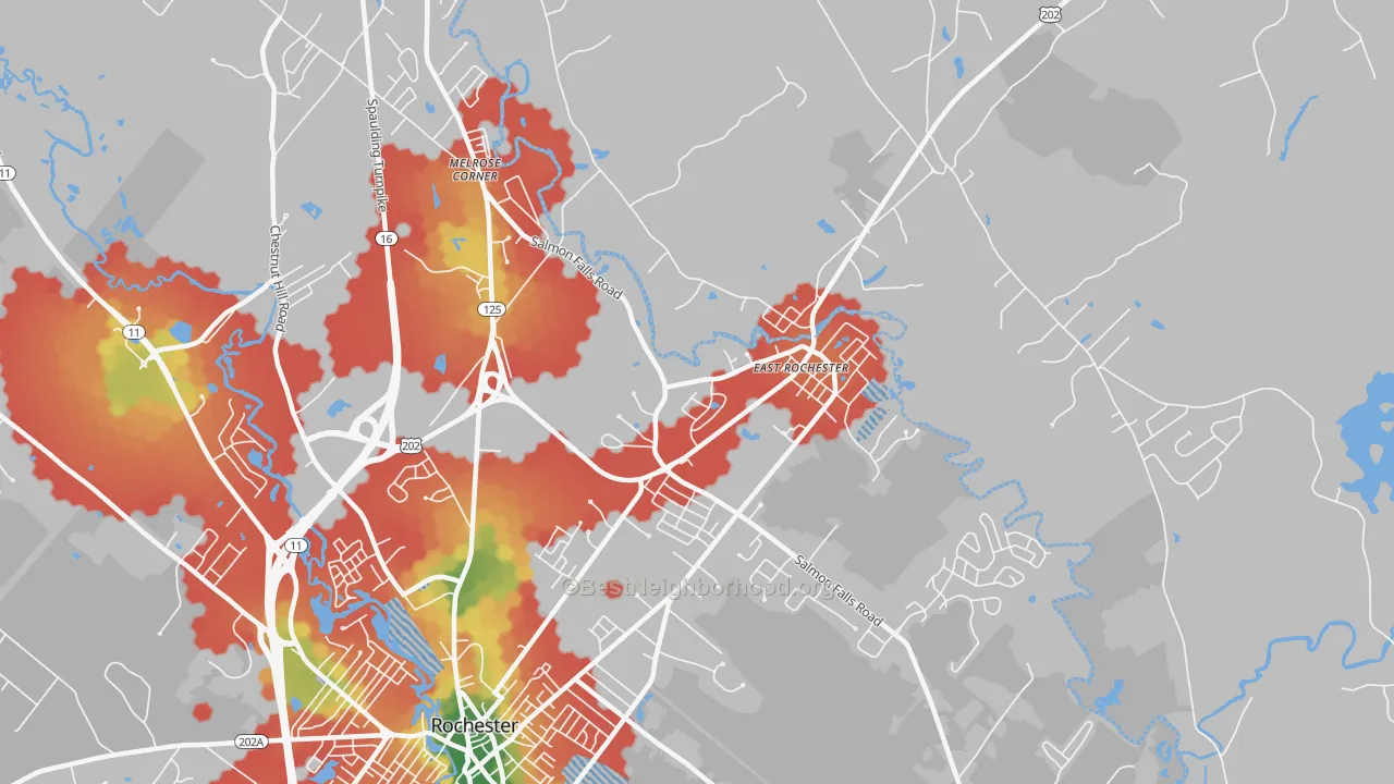 Walk Grade map of 03868, NH, walkable areas in green and car-dependent areas in red