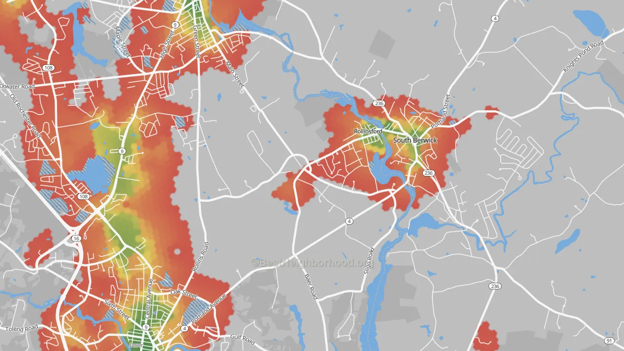 Walk Grade map of 03869, NH, walkable areas in green and car-dependent areas in red