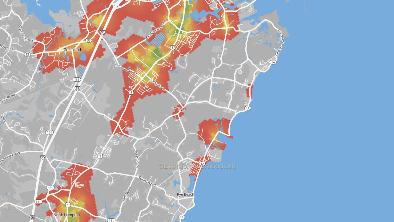 Walk Grade map of 03870, NH, walkable areas in green and car-dependent areas in red