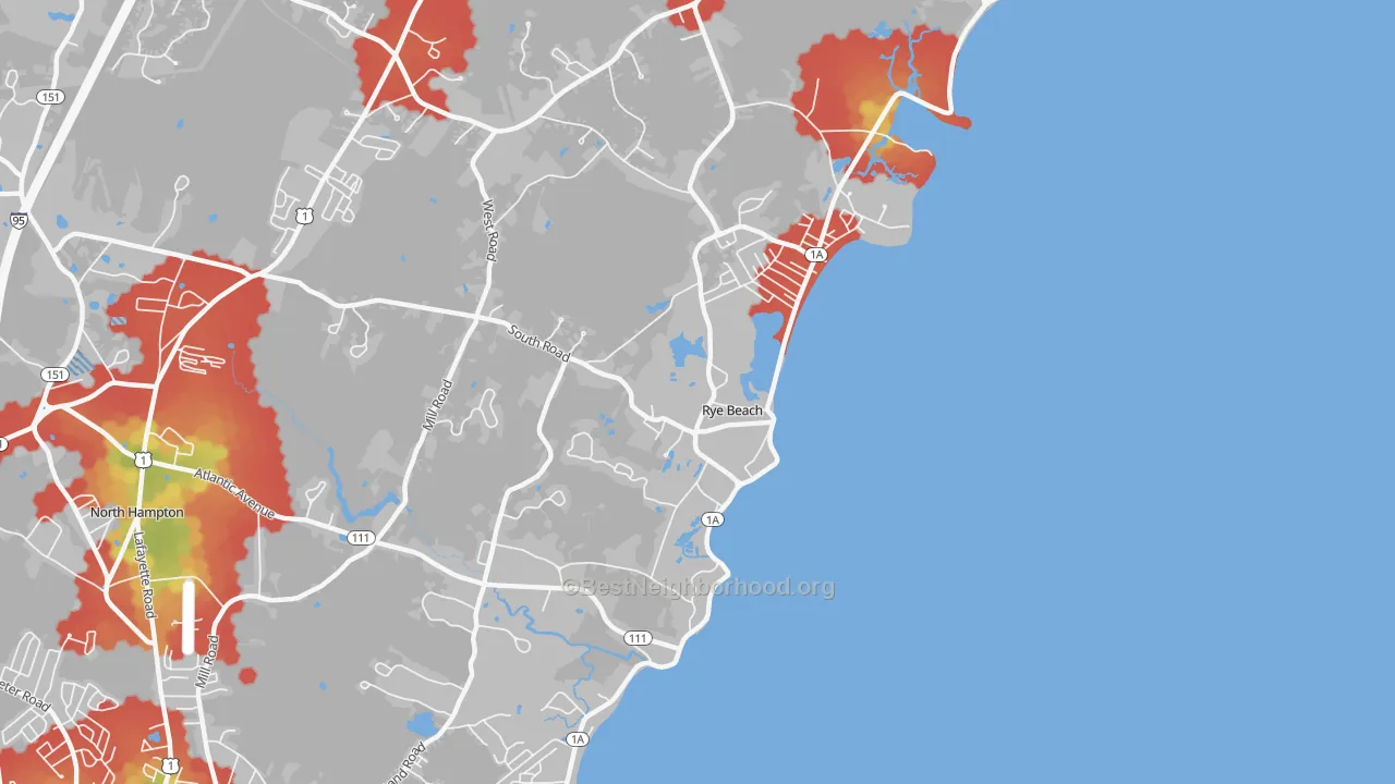 Walk Grade map of 03871, NH, walkable areas in green and car-dependent areas in red