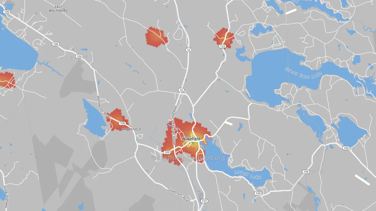 Walk Grade map of 03872, NH, walkable areas in green and car-dependent areas in red