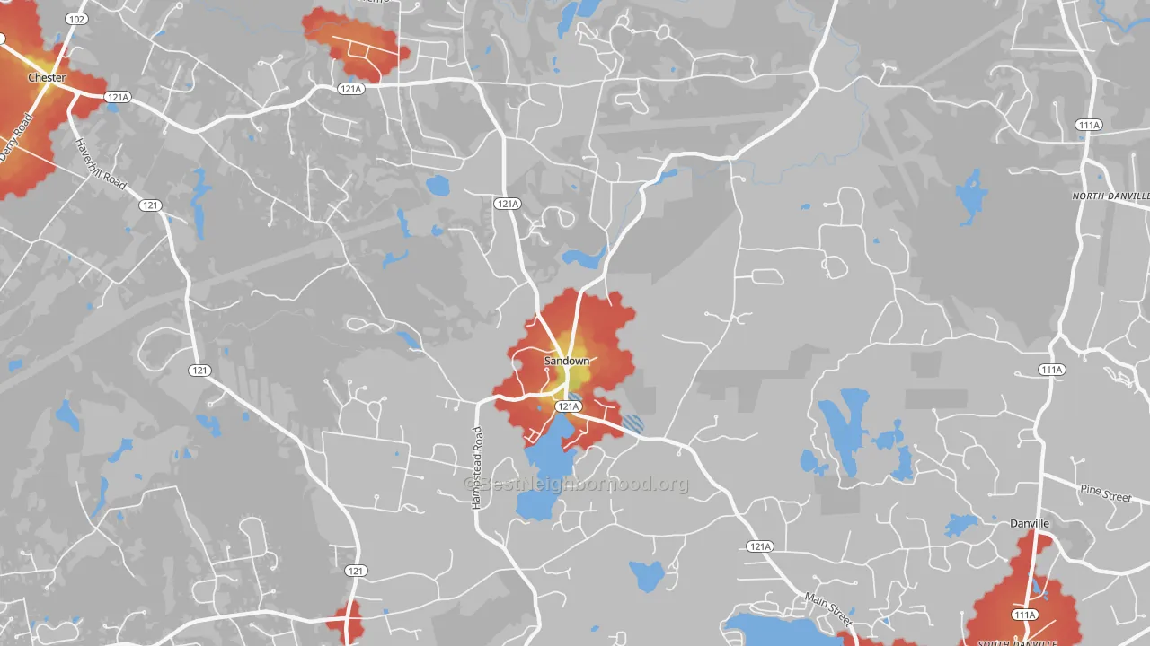 Walk Grade map of 03873, NH, walkable areas in green and car-dependent areas in red