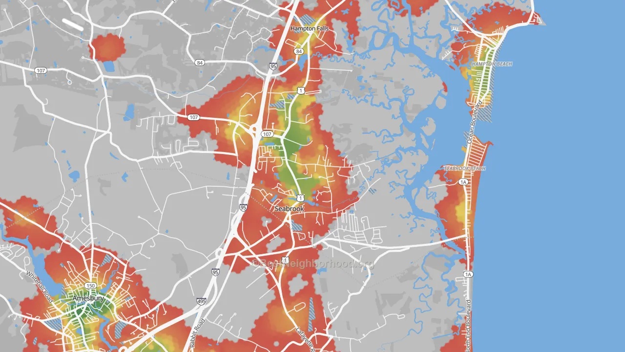 Walk Grade map of 03874, NH, walkable areas in green and car-dependent areas in red