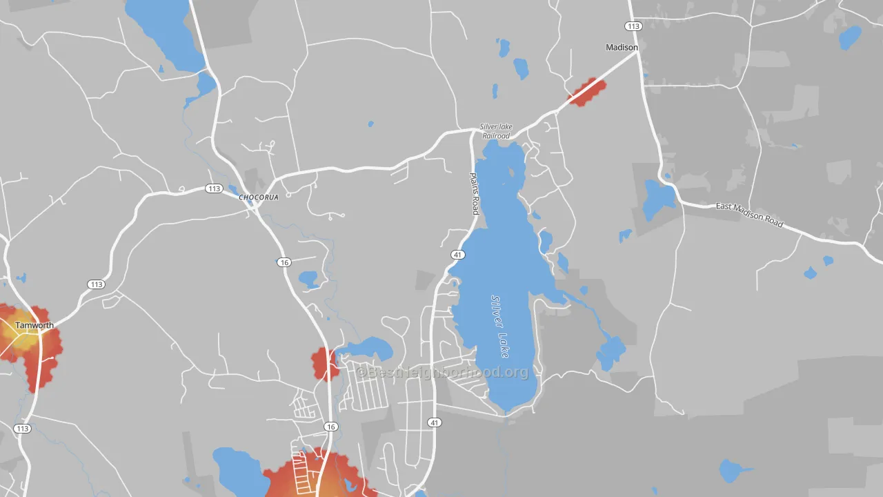 Walk Grade map of 03875, NH, walkable areas in green and car-dependent areas in red