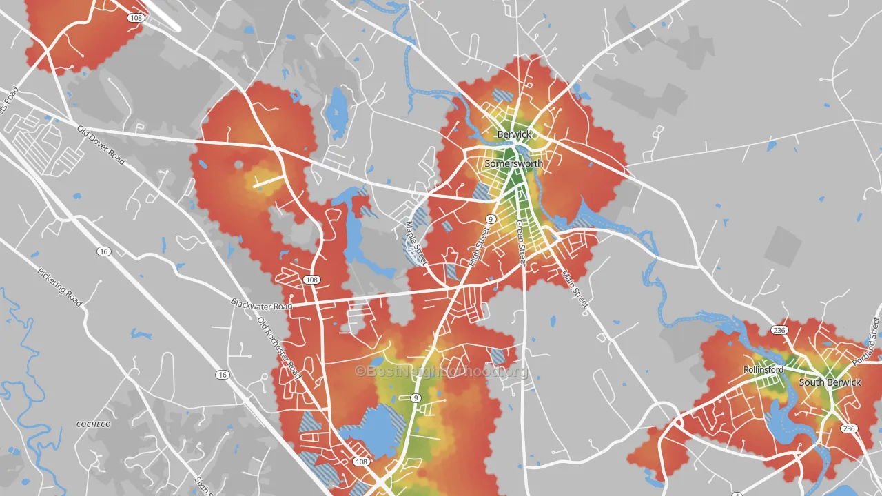 Walk Grade map of 03878, NH, walkable areas in green and car-dependent areas in red