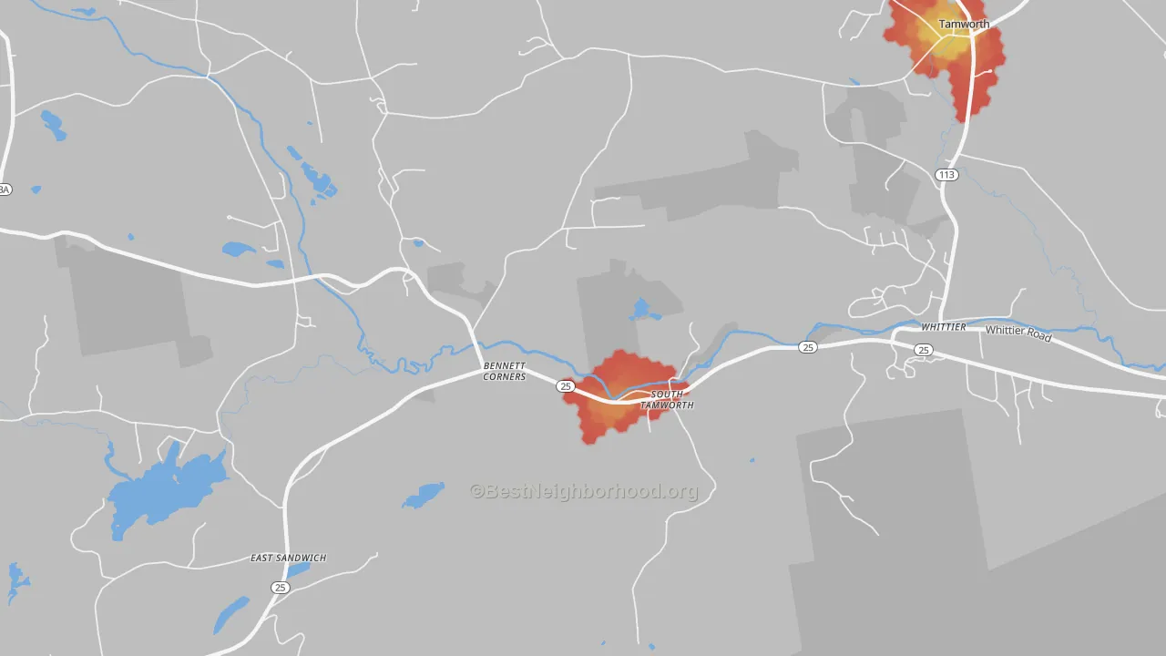 Walk Grade map of 03883, NH, walkable areas in green and car-dependent areas in red