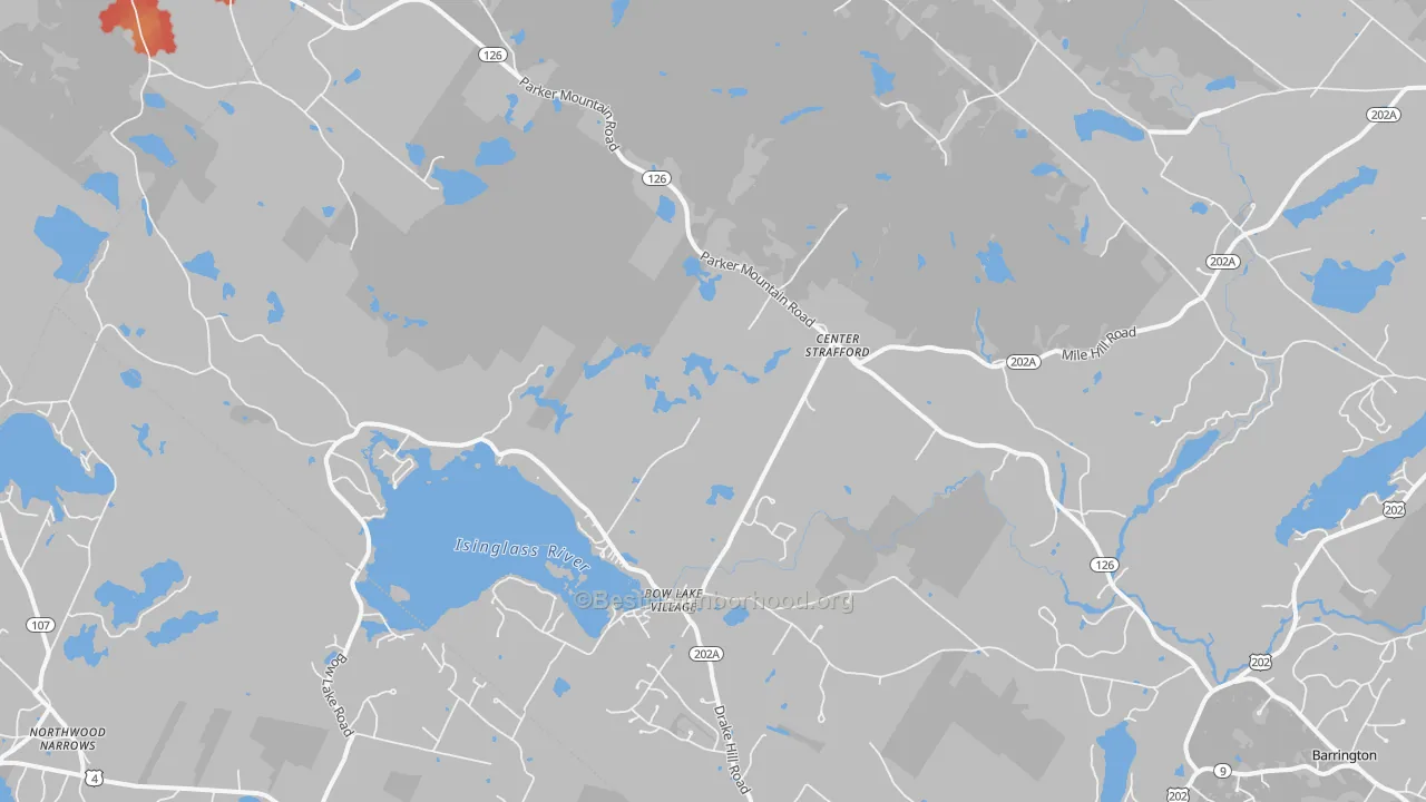 Walk Grade map of 03884, NH, walkable areas in green and car-dependent areas in red