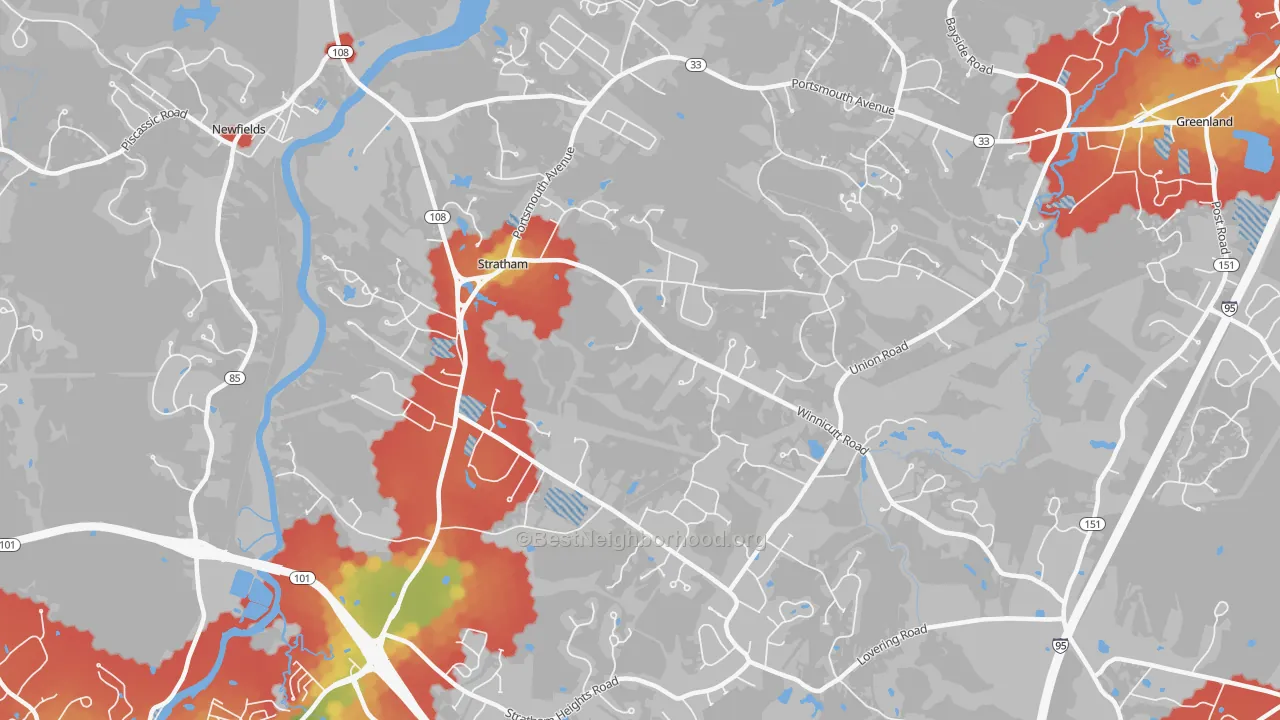 Walk Grade map of 03885, NH, walkable areas in green and car-dependent areas in red