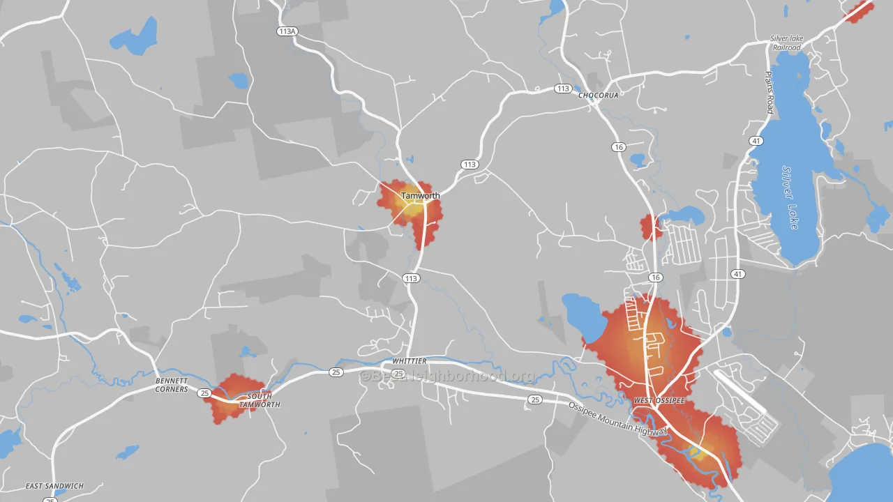 Walk Grade map of 03886, NH, walkable areas in green and car-dependent areas in red