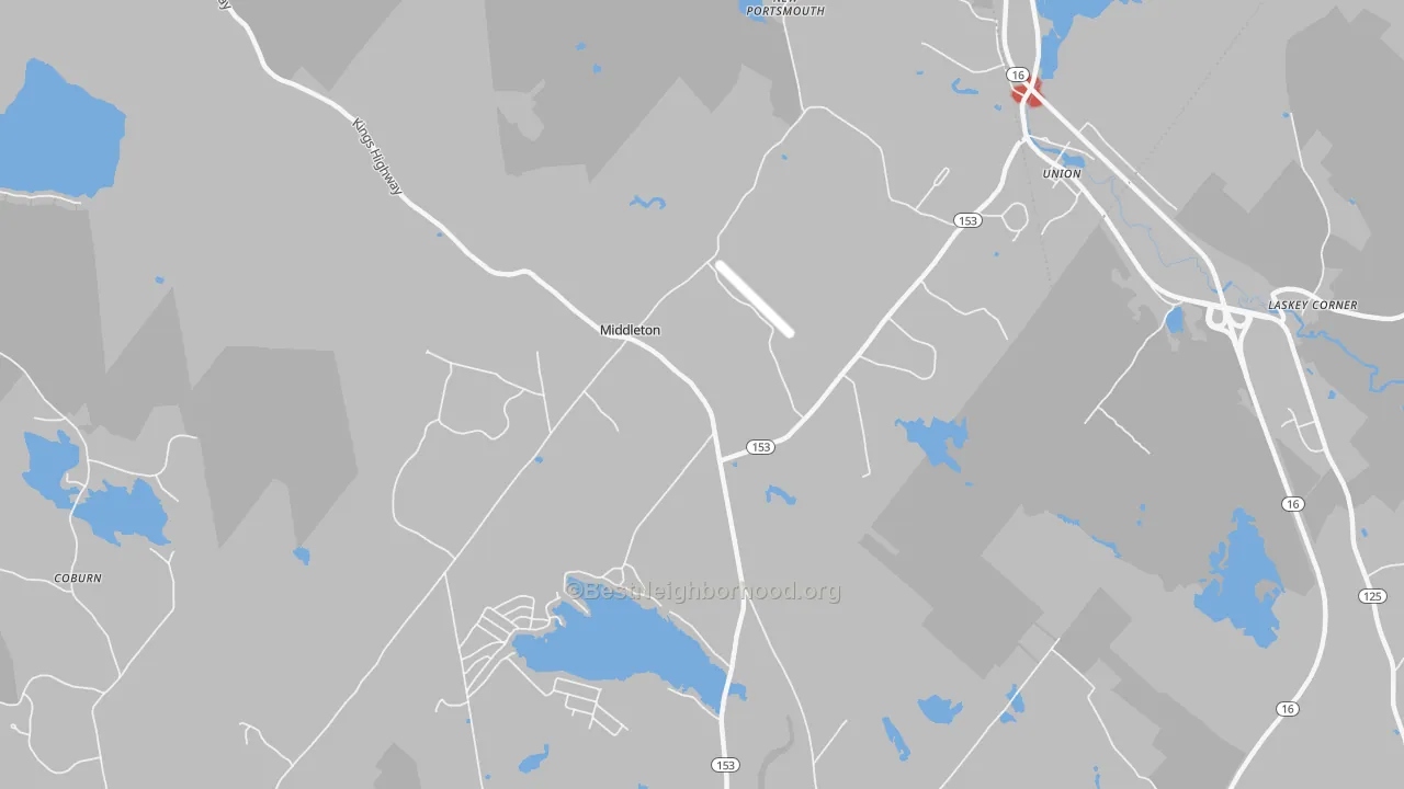 Walk Grade map of 03887, NH, walkable areas in green and car-dependent areas in red