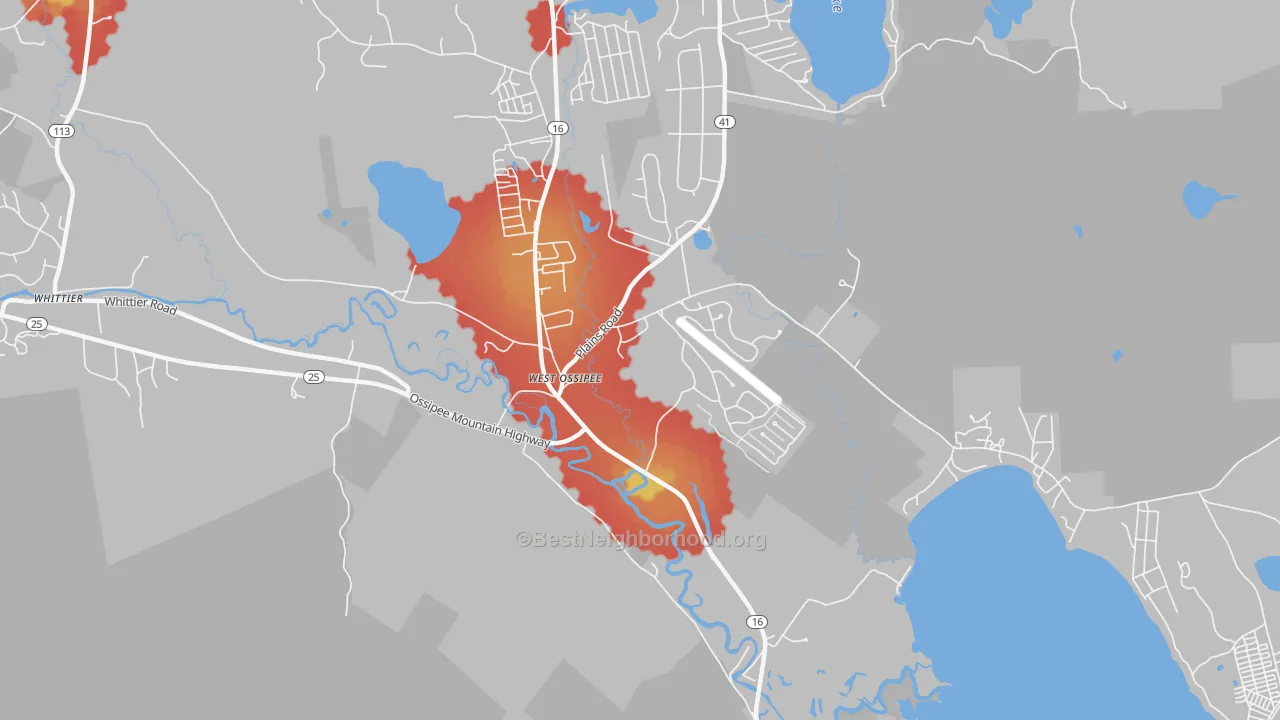 Walk Grade map of 03890, NH, walkable areas in green and car-dependent areas in red