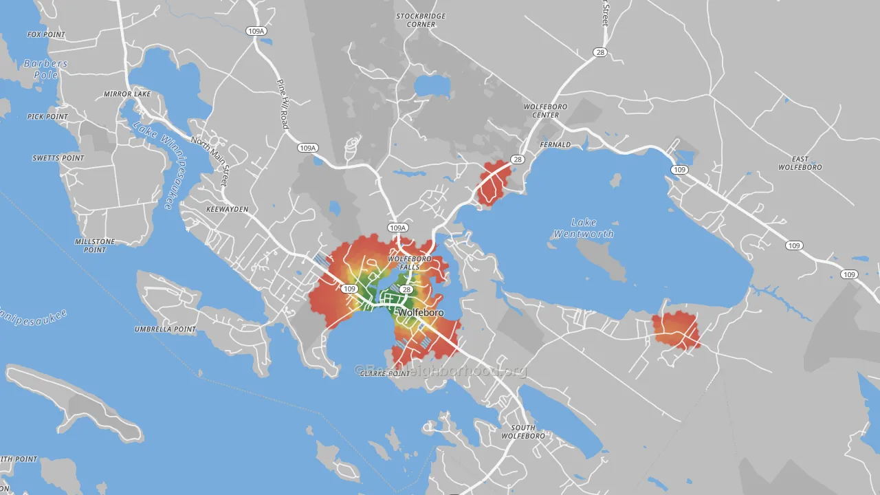 Walk Grade map of 03894, NH, walkable areas in green and car-dependent areas in red