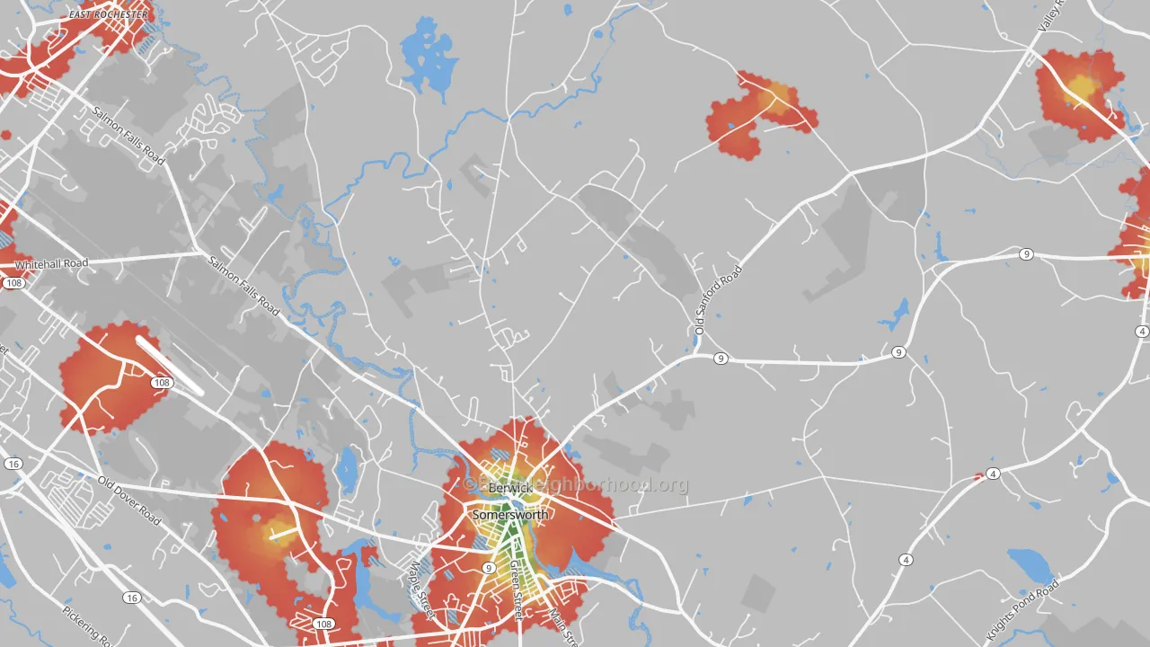 Walk Grade map of 03901, ME, walkable areas in green and car-dependent areas in red