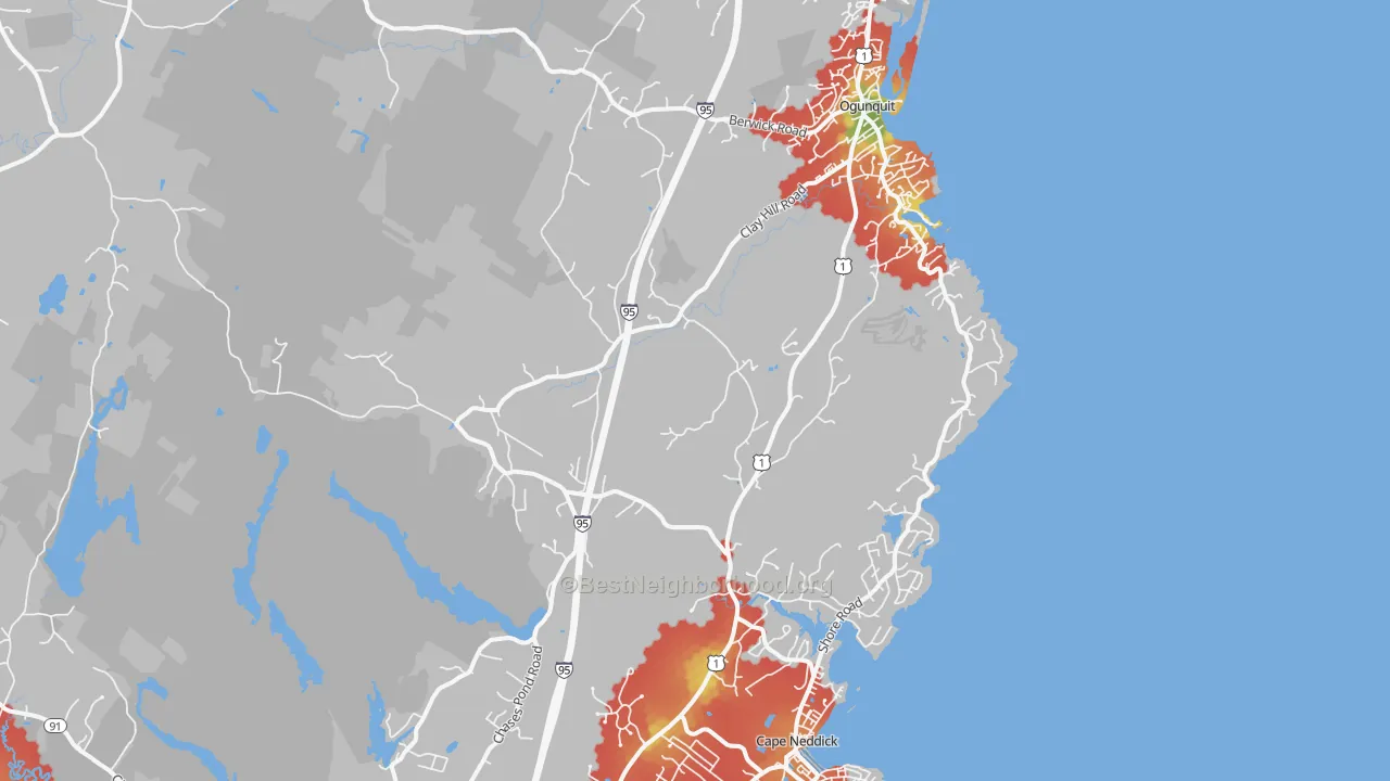 Walk Grade map of 03902, ME, walkable areas in green and car-dependent areas in red