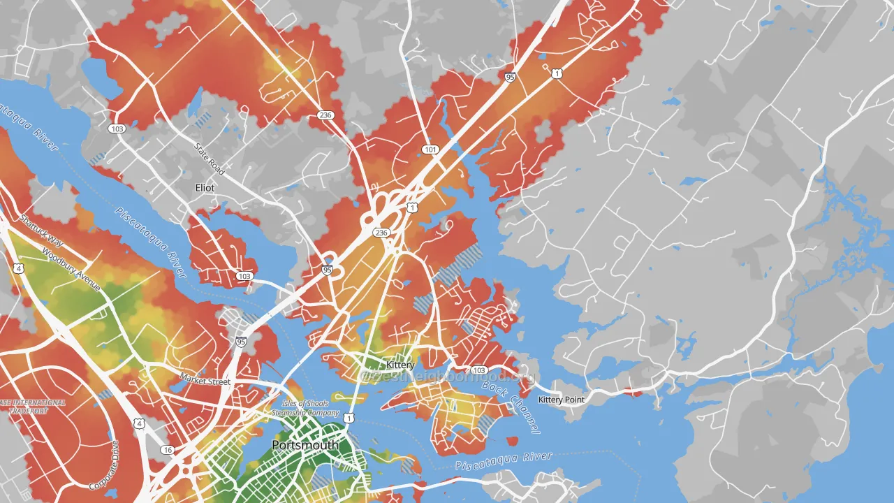 Walk Grade map of 03904, ME, walkable areas in green and car-dependent areas in red