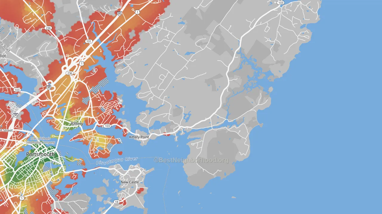 Walk Grade map of 03905, ME, walkable areas in green and car-dependent areas in red