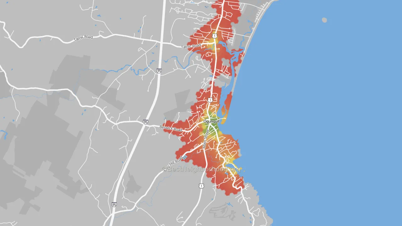 Walk Grade map of 03907, ME, walkable areas in green and car-dependent areas in red
