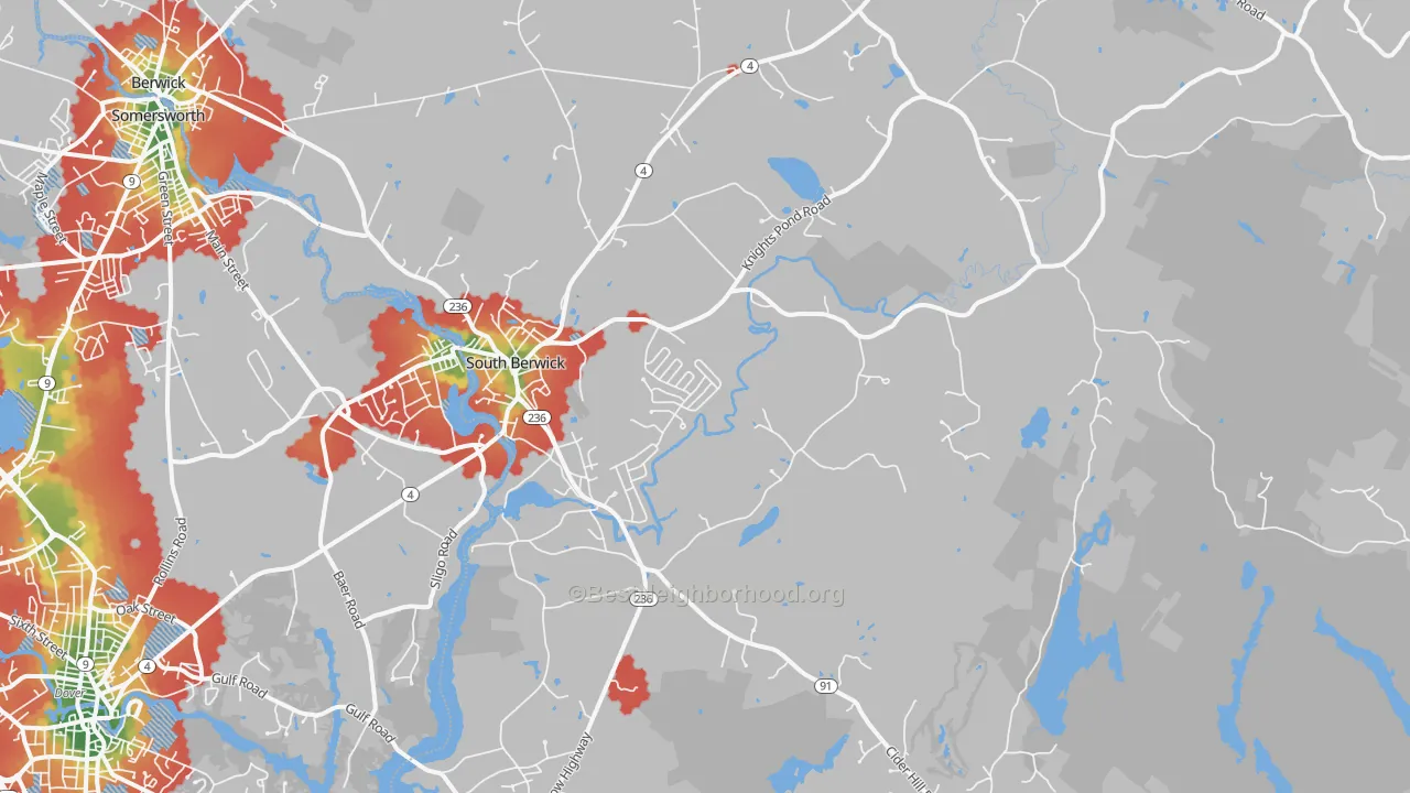 Walk Grade map of 03908, ME, walkable areas in green and car-dependent areas in red