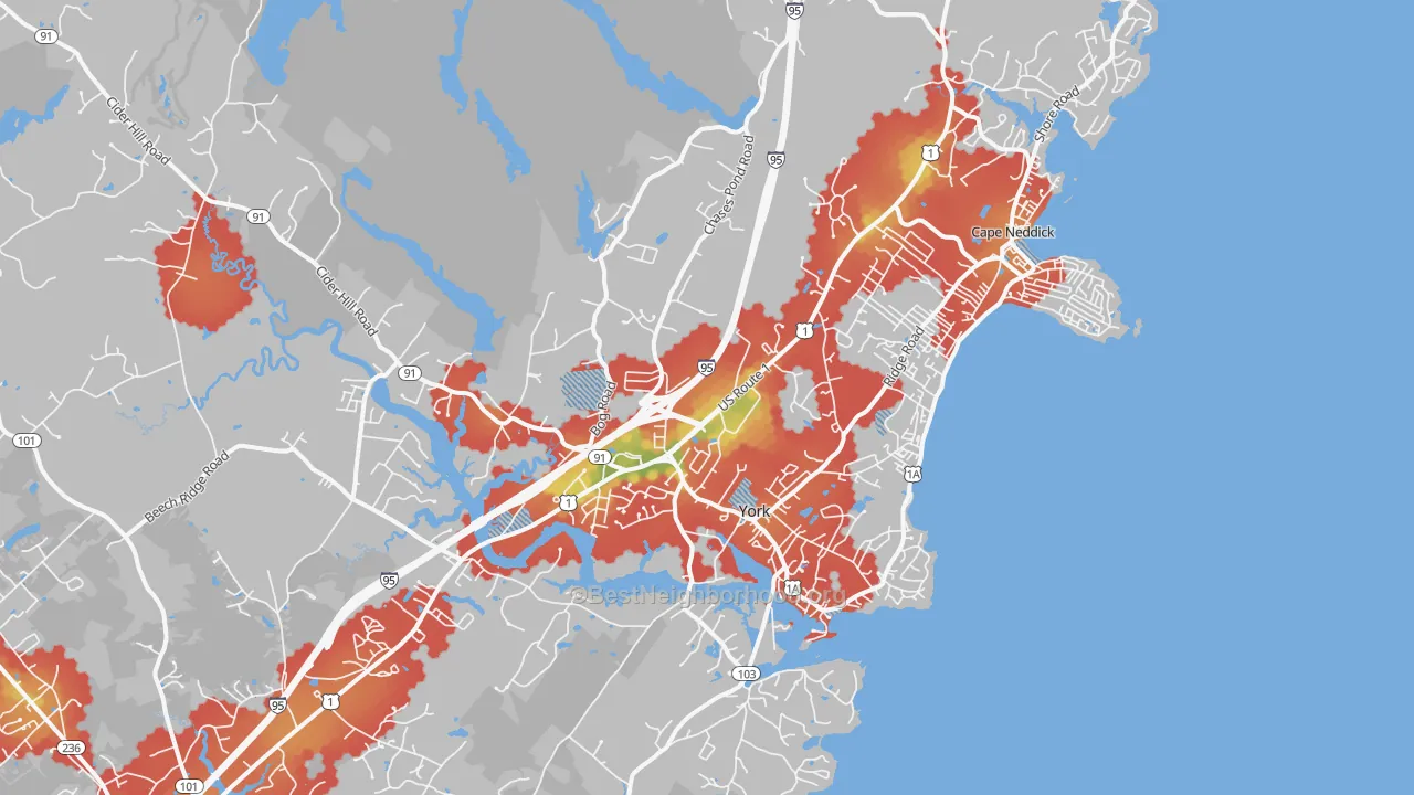 Walk Grade map of 03909, ME, walkable areas in green and car-dependent areas in red