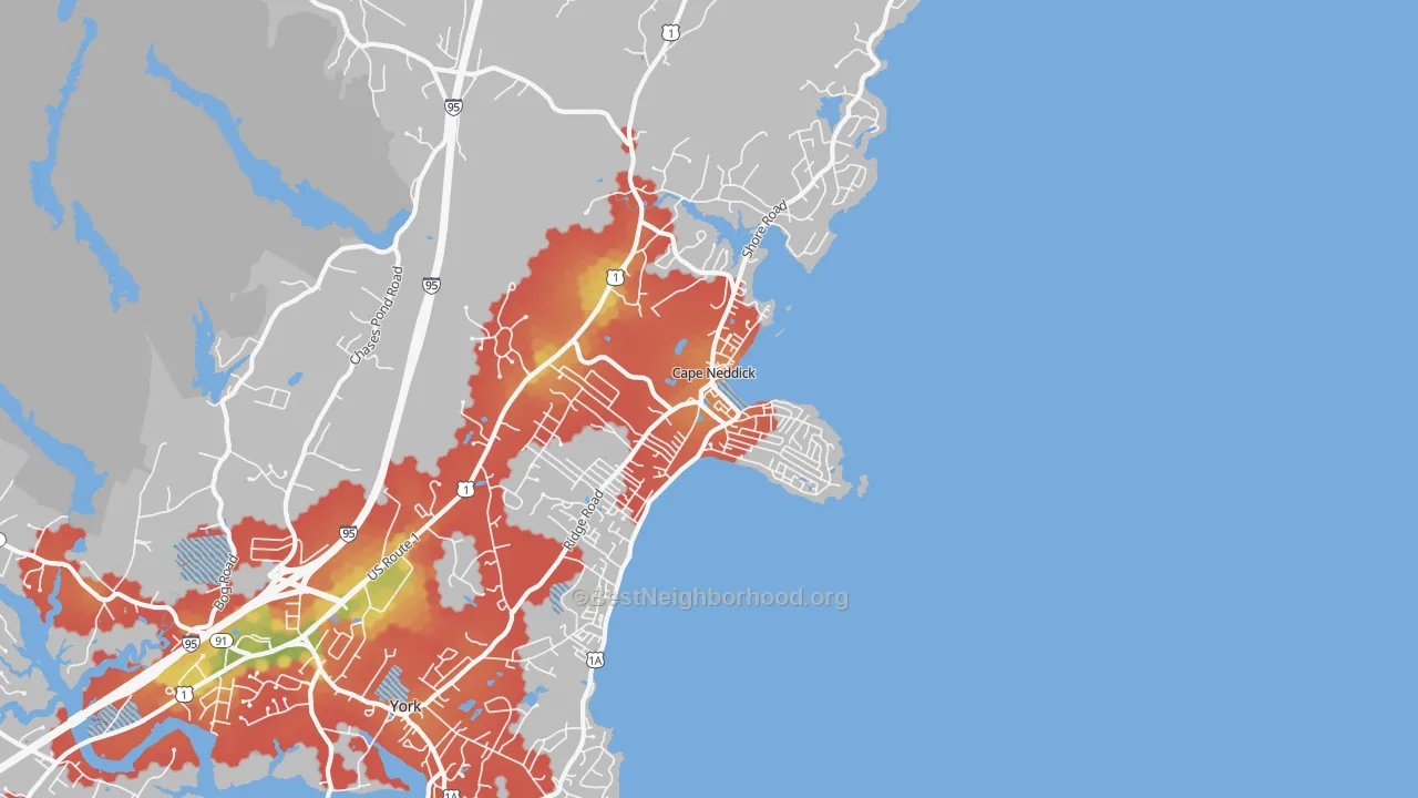 Walk Grade map of 03910, ME, walkable areas in green and car-dependent areas in red