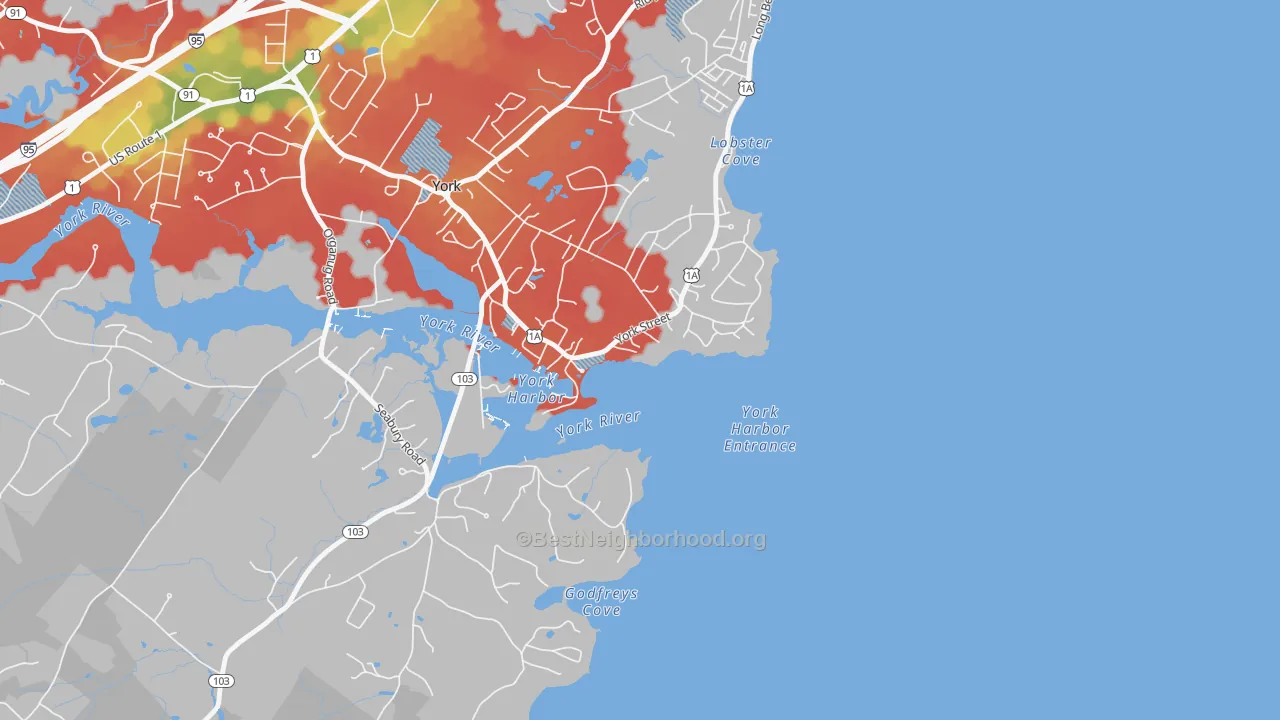 Walk Grade map of 03911, ME, walkable areas in green and car-dependent areas in red