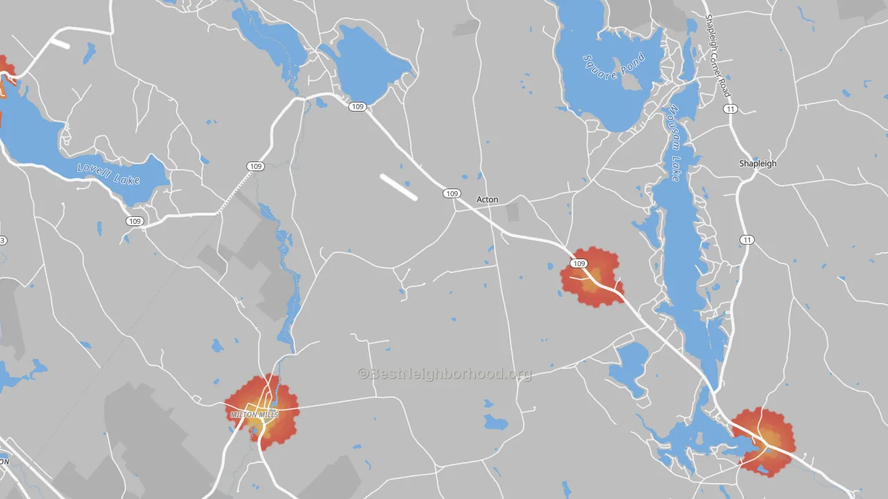 Walk Grade map of 04001, ME, walkable areas in green and car-dependent areas in red