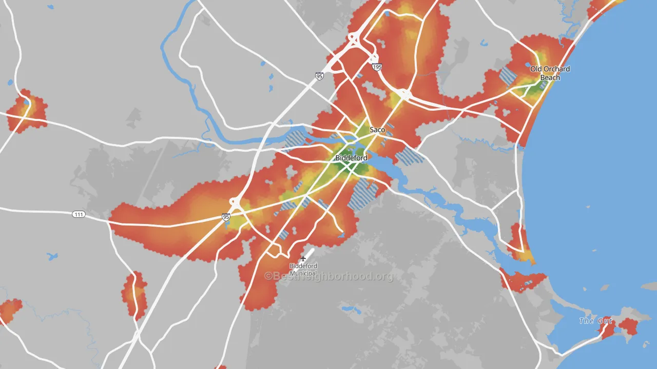Walk Grade map of 04005, ME, walkable areas in green and car-dependent areas in red