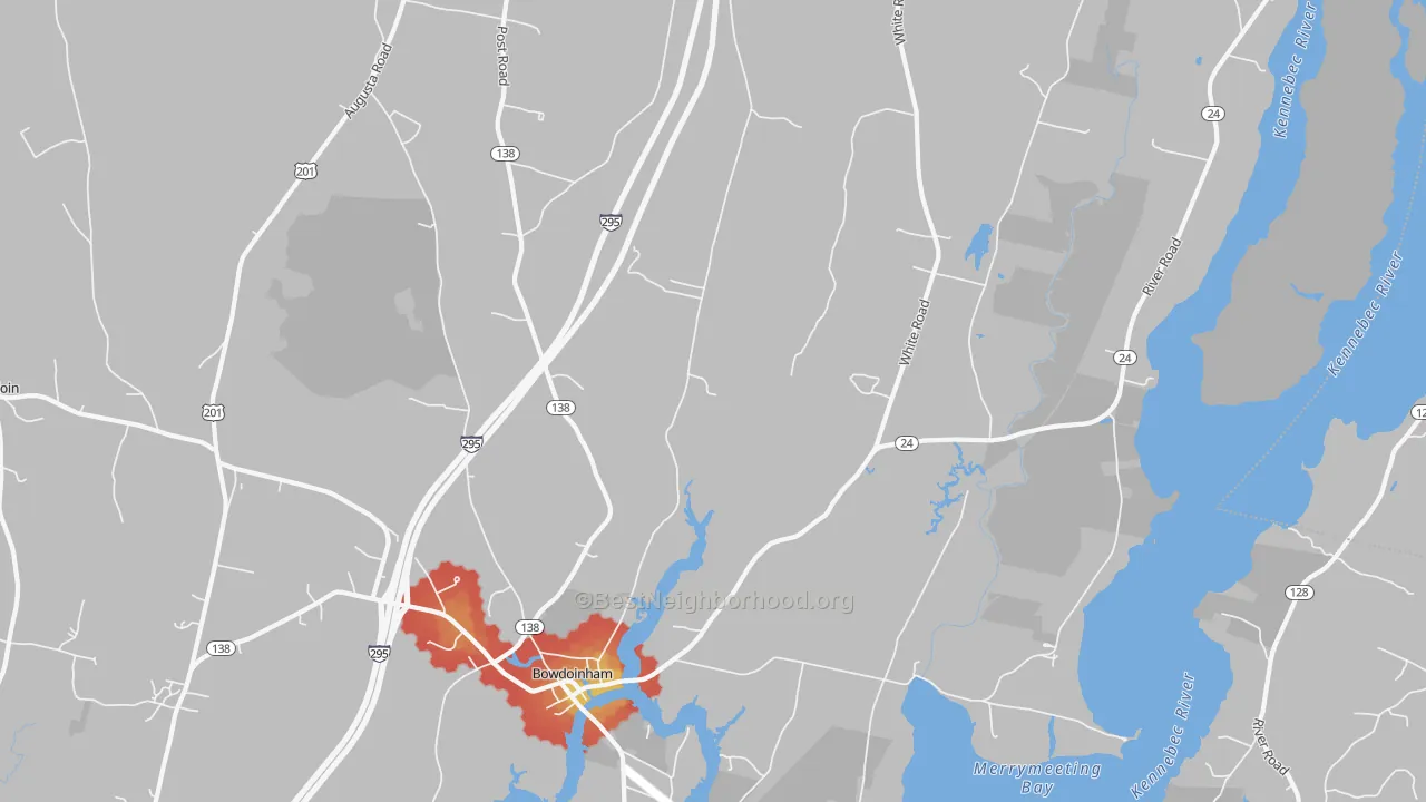 Walk Grade map of 04008, ME, walkable areas in green and car-dependent areas in red