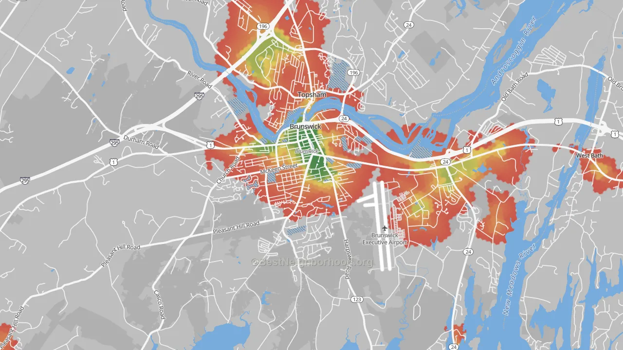 Walk Grade map of 04011, ME, walkable areas in green and car-dependent areas in red