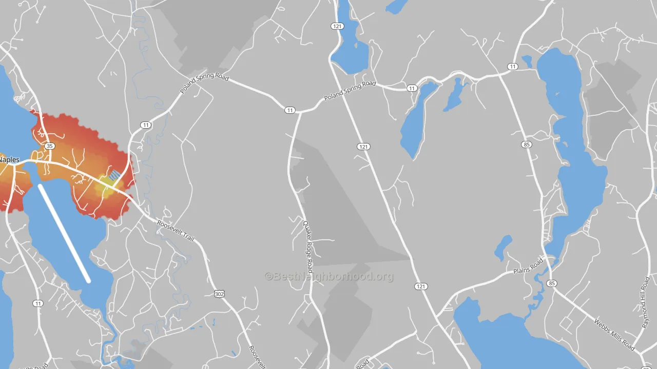 Walk Grade map of 04015, ME, walkable areas in green and car-dependent areas in red