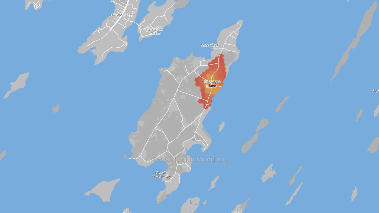 Walk Grade map of 04017, ME, walkable areas in green and car-dependent areas in red