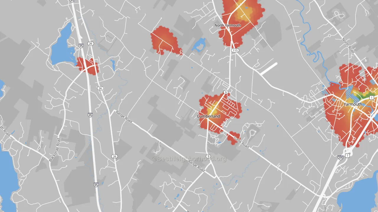 Walk Grade map of 04021, ME, walkable areas in green and car-dependent areas in red