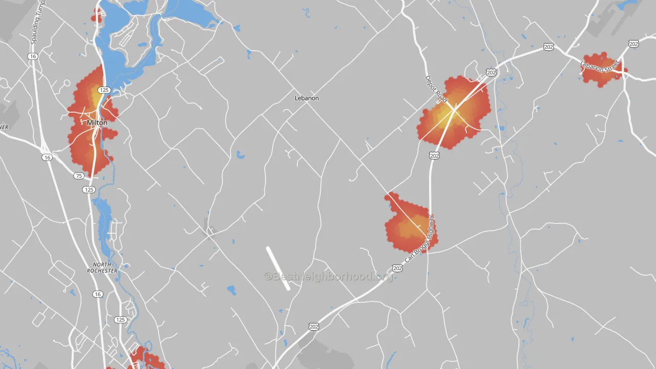 Walk Grade map of 04027, ME, walkable areas in green and car-dependent areas in red