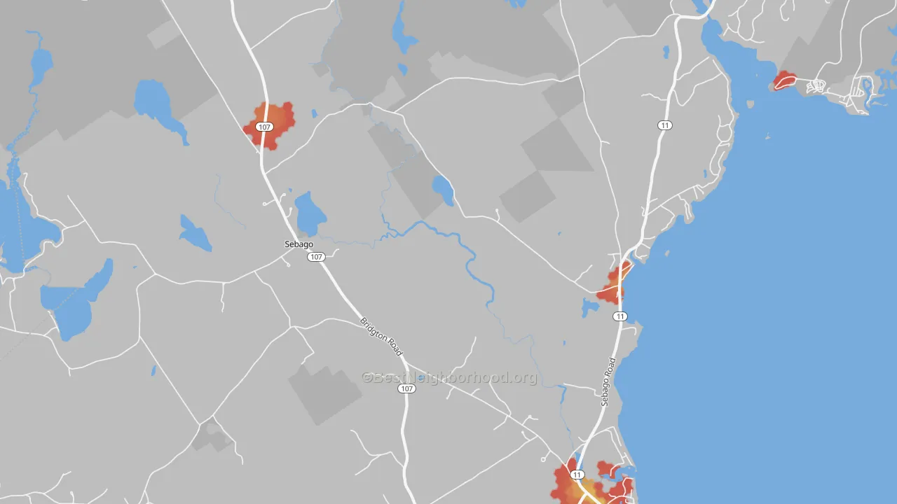 Walk Grade map of 04029, ME, walkable areas in green and car-dependent areas in red