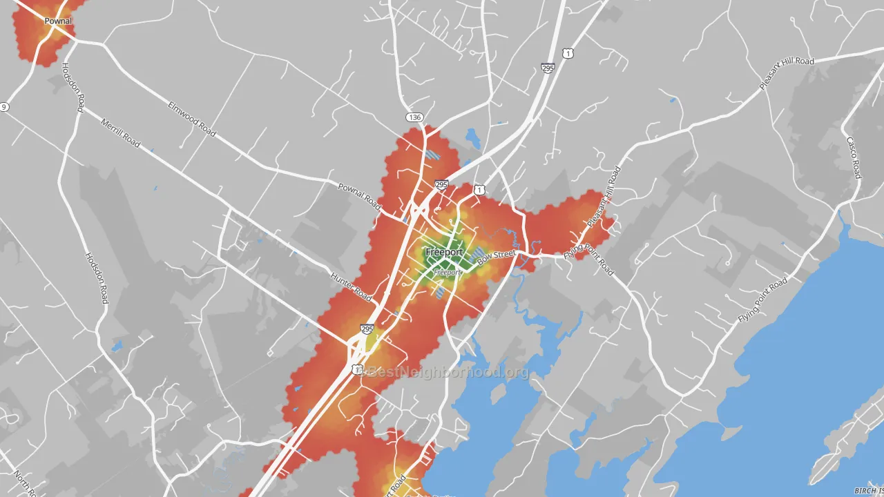 Walk Grade map of 04032, ME, walkable areas in green and car-dependent areas in red
