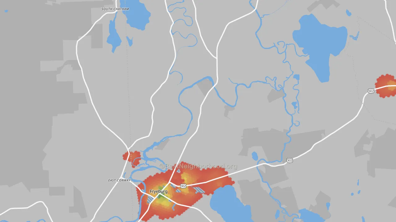 Walk Grade map of 04037, ME, walkable areas in green and car-dependent areas in red