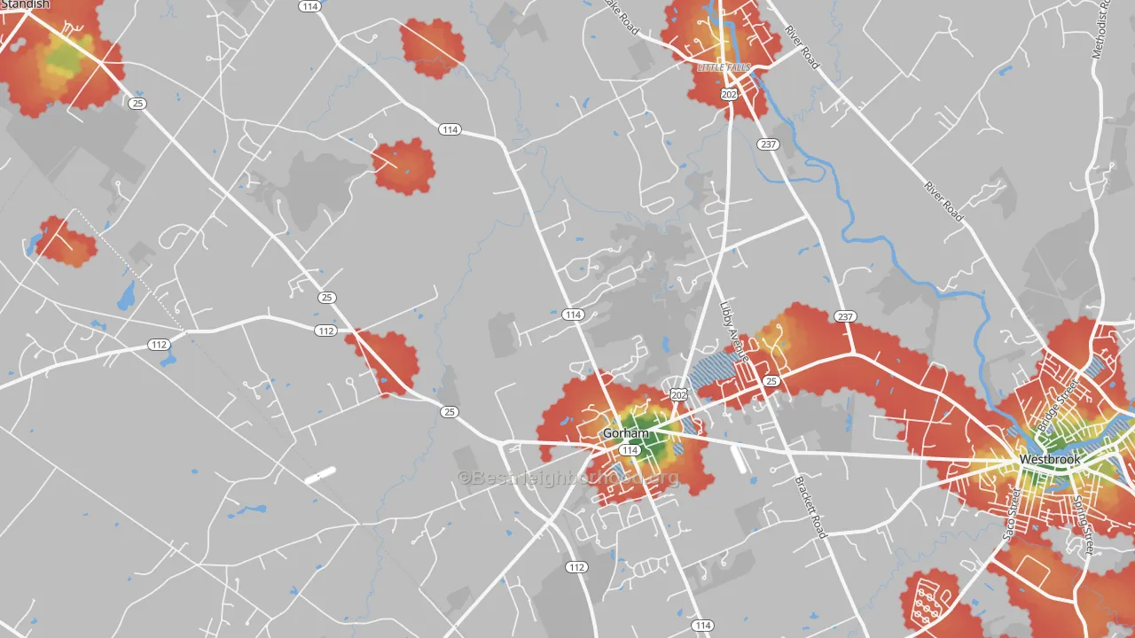 Walk Grade map of 04038, ME, walkable areas in green and car-dependent areas in red