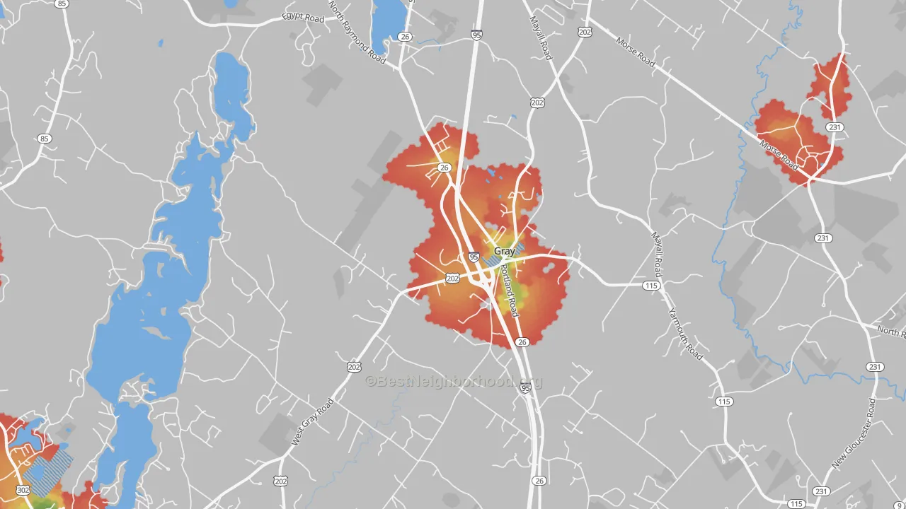 Walk Grade map of 04039, ME, walkable areas in green and car-dependent areas in red