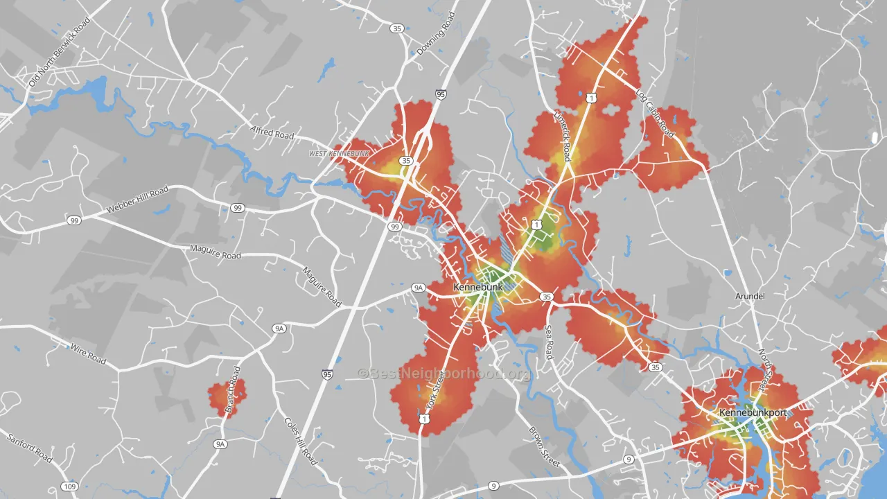 Walk Grade map of 04043, ME, walkable areas in green and car-dependent areas in red