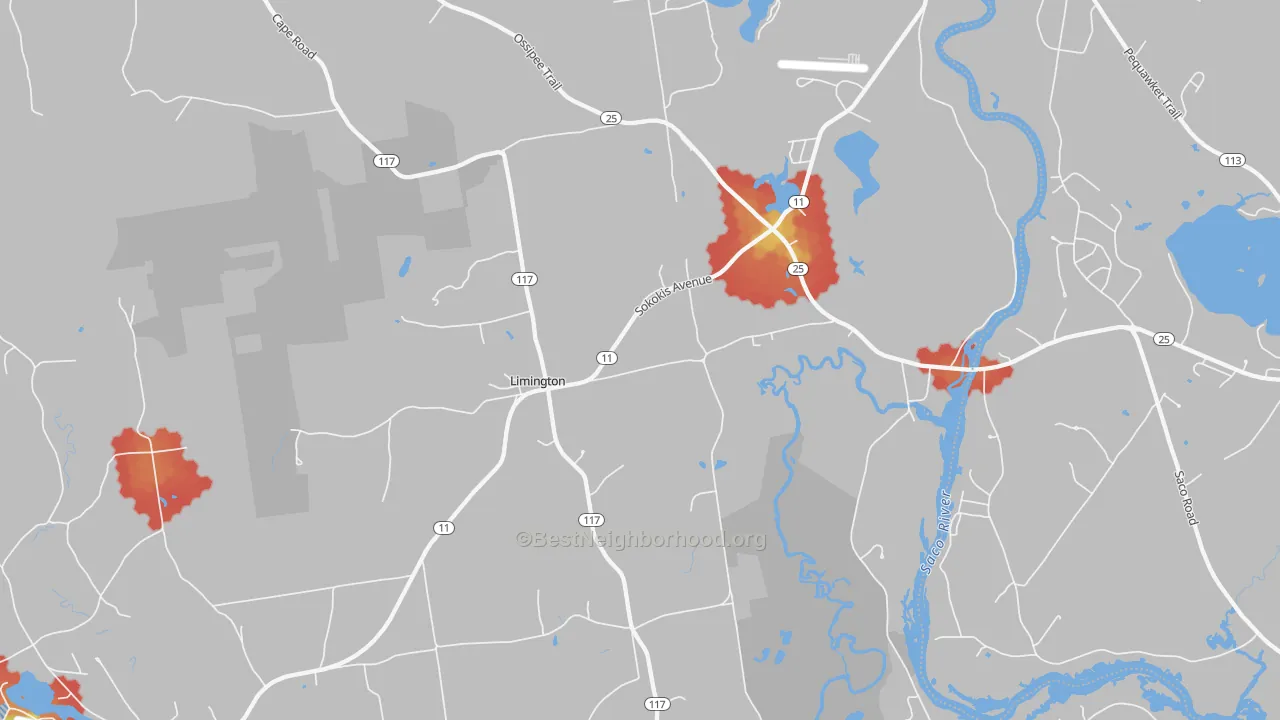 Walk Grade map of 04049, ME, walkable areas in green and car-dependent areas in red