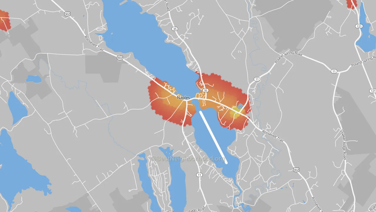 Walk Grade map of 04055, ME, walkable areas in green and car-dependent areas in red