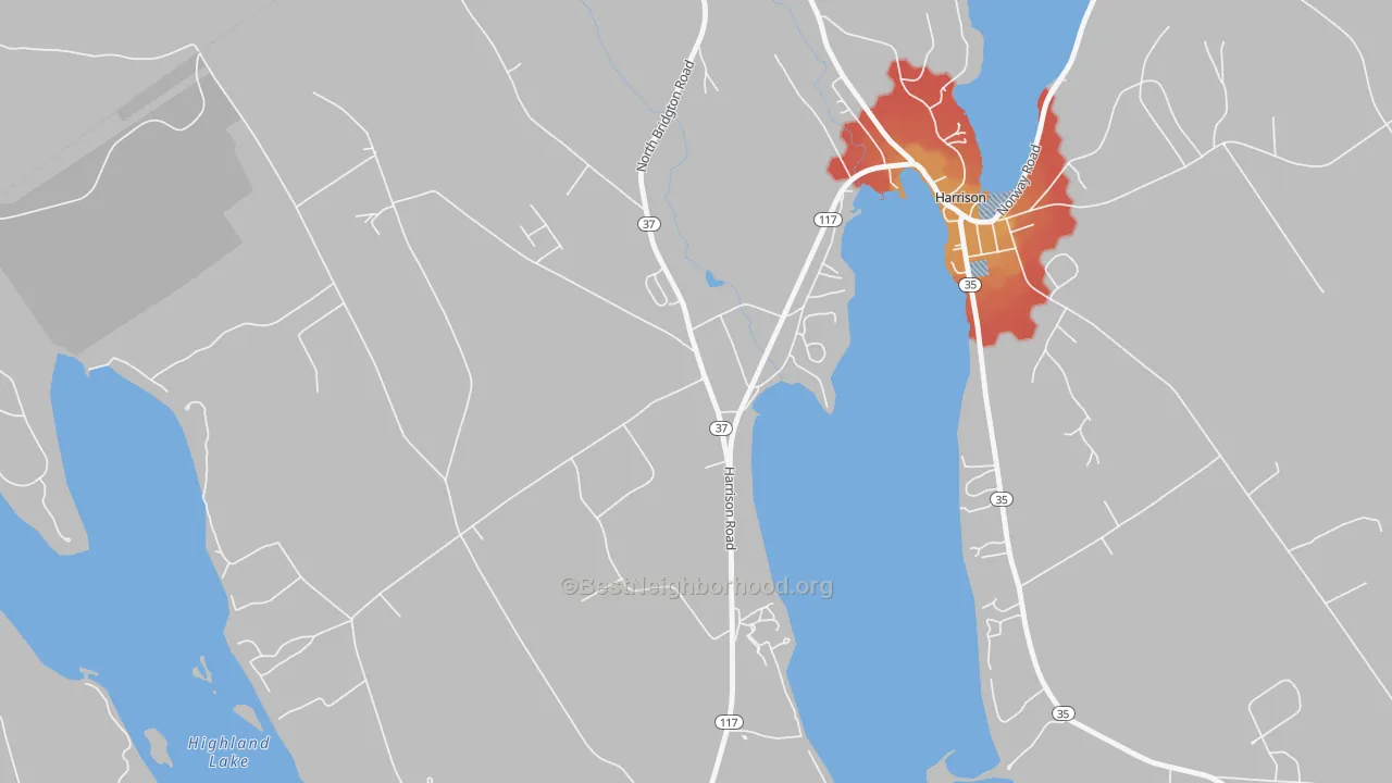 Walk Grade map of 04057, ME, walkable areas in green and car-dependent areas in red