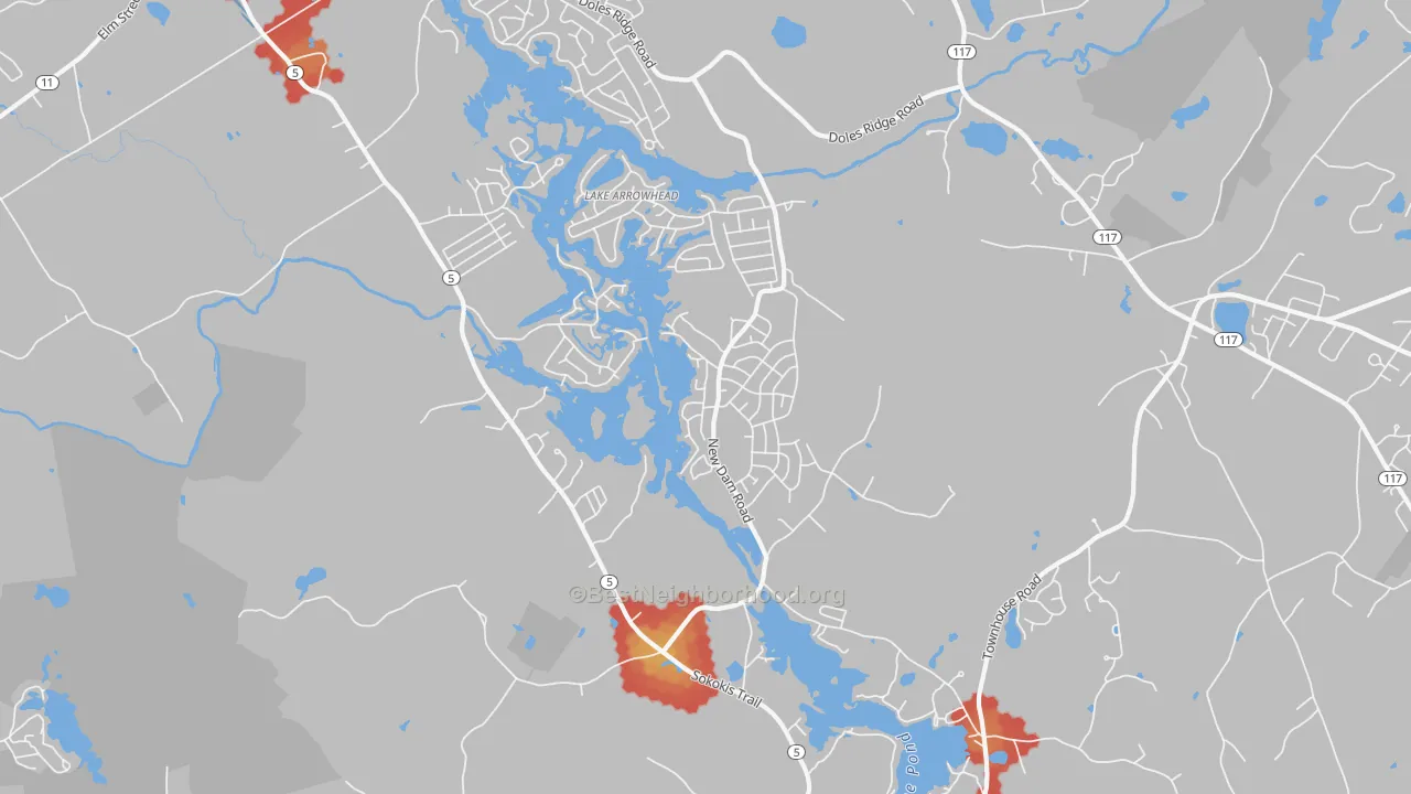 Walk Grade map of 04061, ME, walkable areas in green and car-dependent areas in red