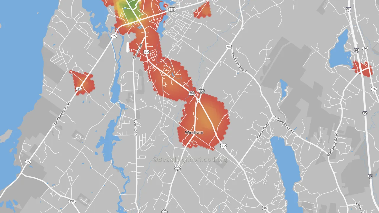 Walk Grade map of 04062, ME, walkable areas in green and car-dependent areas in red