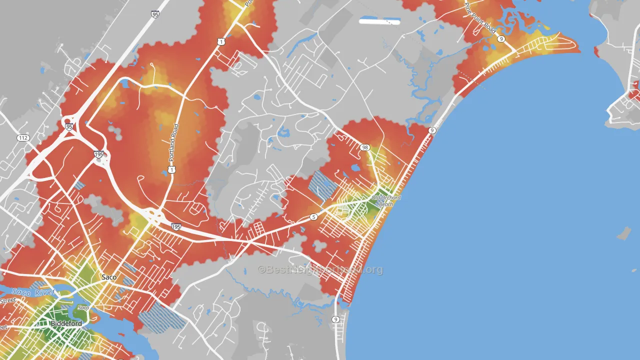 Walk Grade map of 04064, ME, walkable areas in green and car-dependent areas in red