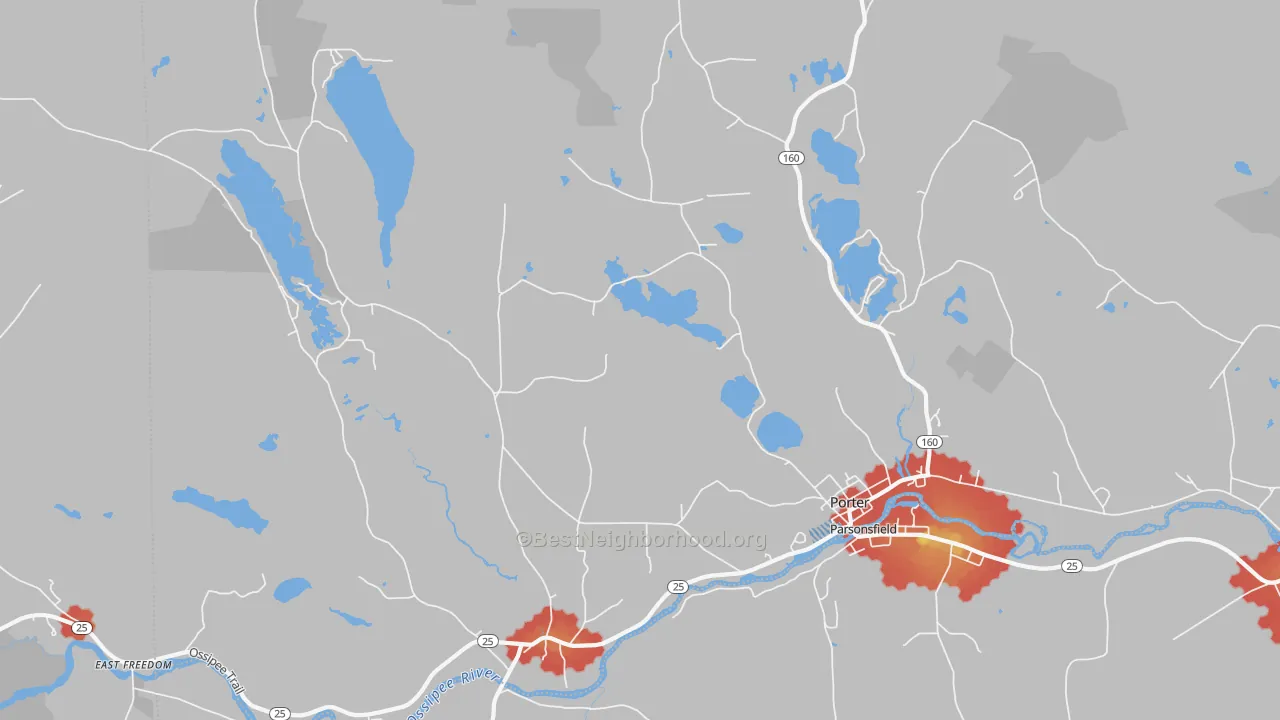 Walk Grade map of 04068, ME, walkable areas in green and car-dependent areas in red