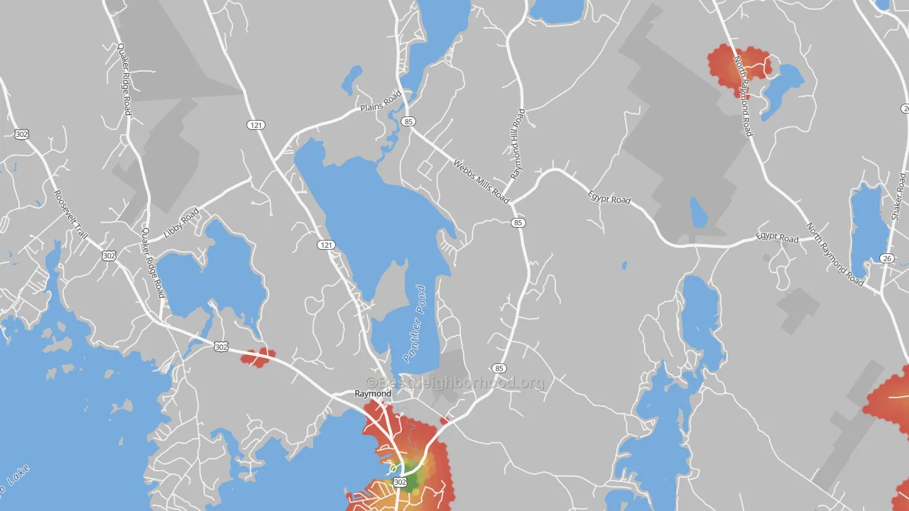 Walk Grade map of 04071, ME, walkable areas in green and car-dependent areas in red