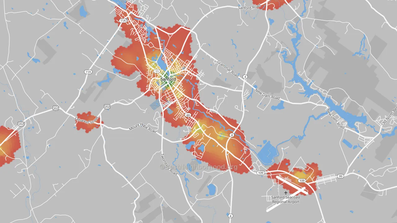 Walk Grade map of 04073, ME, walkable areas in green and car-dependent areas in red