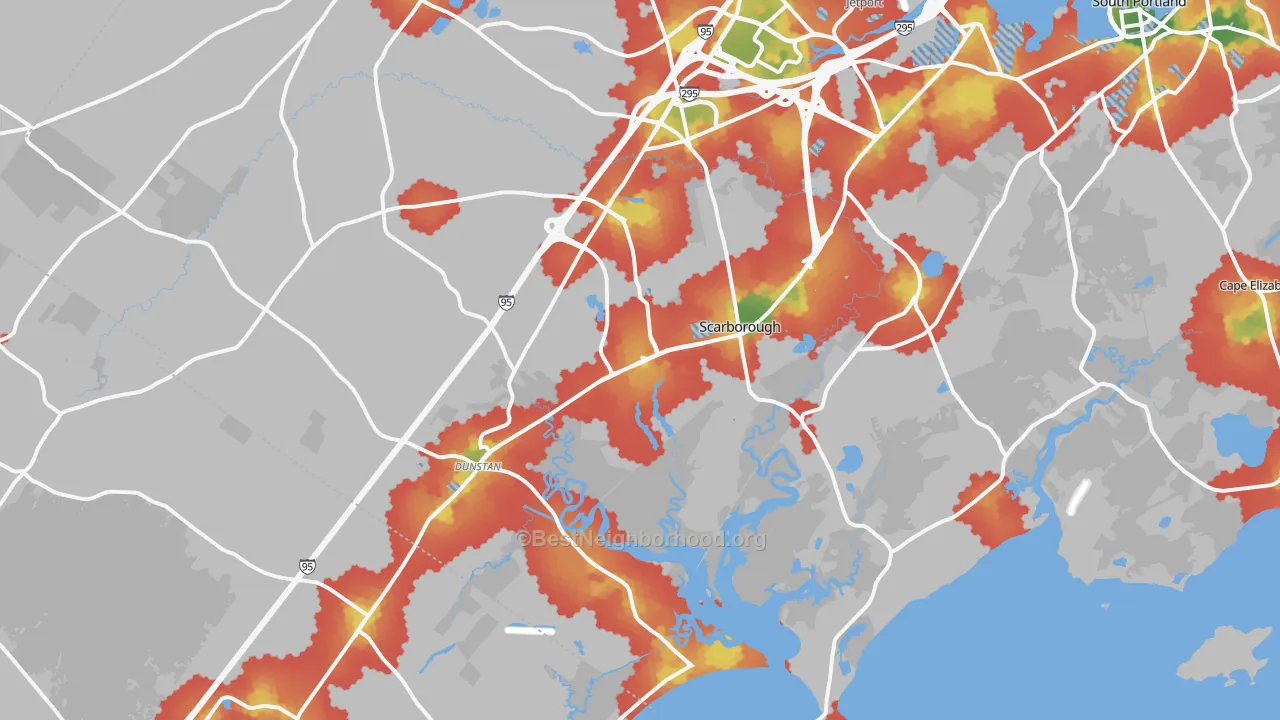 Walk Grade map of 04074, ME, walkable areas in green and car-dependent areas in red